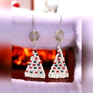 HANDMADE Seed Bead Christmas Tree Earrings